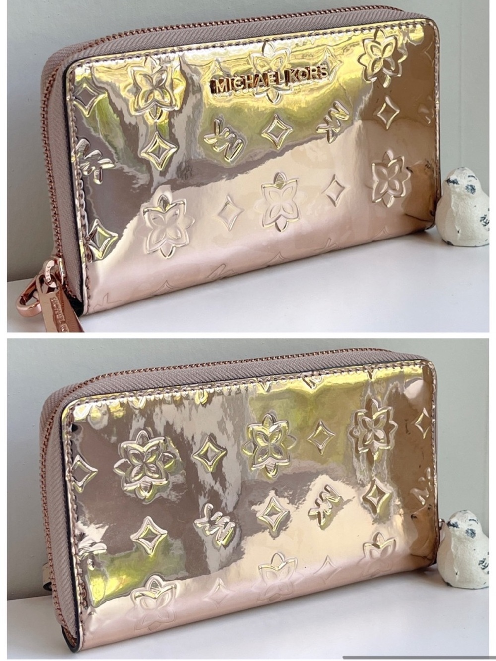 Michael Kors Rose Gold mirror Metallic embossed Zip Wallet jet set